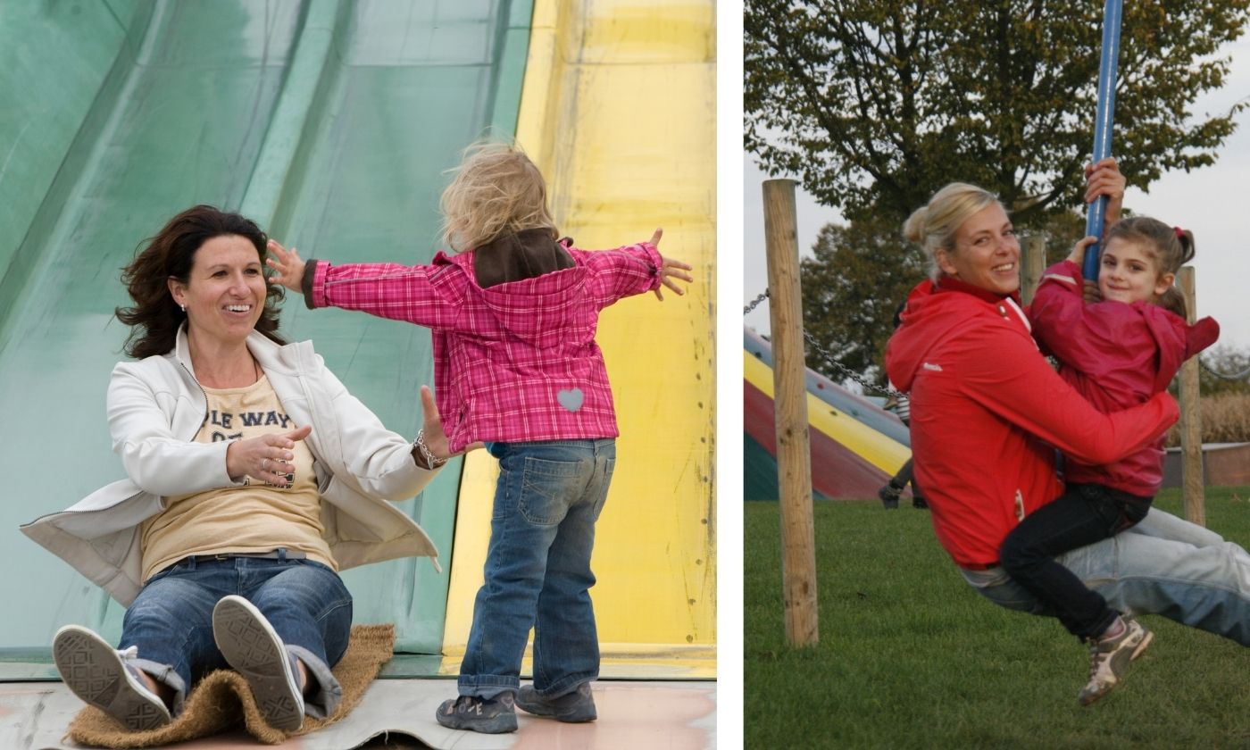 Mutter und Kind rutschen, fahren Seilbahn © Ursula Nerger (rechts), © Bubenheimer Spieleland 